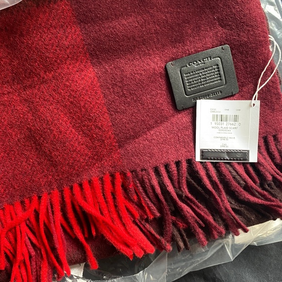 COACH Wool Red & Black Plaid Scarf with Fringe - Picture 1 of 6